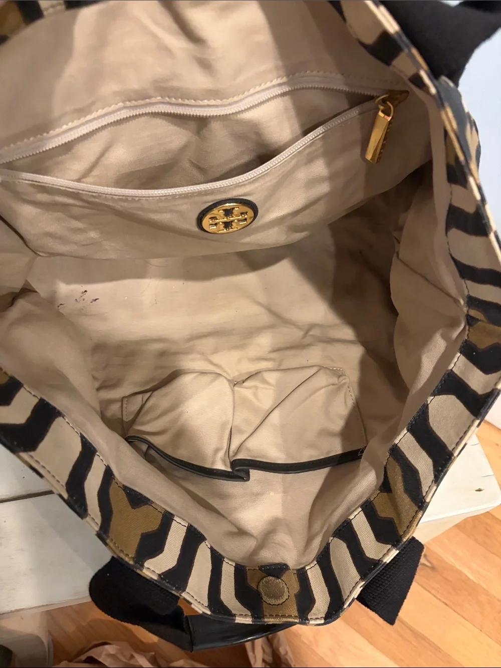 Tory Burch Ella Tote Canvas Bag in Black, Brown & Cream